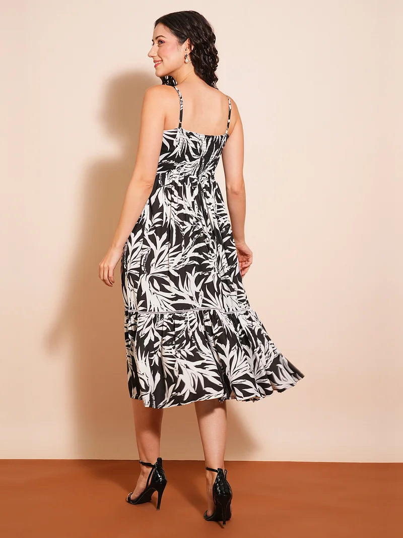 globus black and white leaf print Women Tropical Printed Tiered Fit & Flare Midi Dress for Women | Best Price UAE
