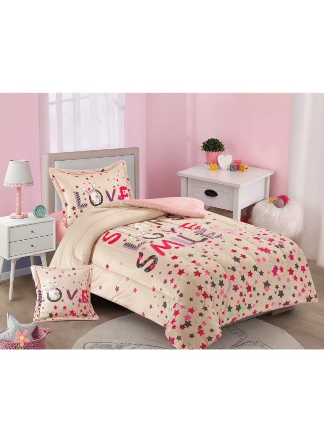 سمارت هوم مفرش سرير أطفال شتوي فخم 4 قطع وجهين مخمل وفرو ناعم بتصميم عصري ومريح – طقم مفارش سرير دافئ  مناسب لغرف الأولاد والبنات – مفرش شتوي فخم للمنزل أو الهدايا – المقاس 170×230 سم ( المفرش بحشوة ) - Image 1