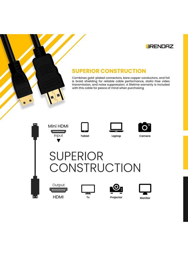 BRENDAZ كابل HDMI Mini HDMI إلى HDMI عالي السرعة كابل موصل Mini HDMI (C) متوافق مع كاميرا Nikon D3300 D3200 D5300 D5600 D7000 D7100 D7200 D3 D300S D3X Dslr. (6 أقدام) - Image 3