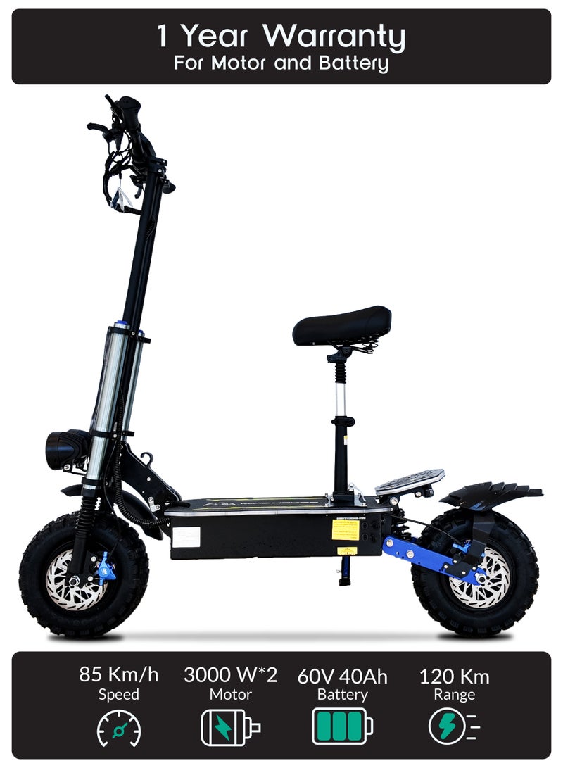 ويندهورس سكوتر H3 الكهربائي القوي، محرك مزدوج 3000 واط، بطارية 60V 40Ah، سرعة قصوى 85 كم/س، مدى 120 كم، إطارات 13 إنش، فرامل هيدروليك، تعليق مزدوج، هيكل فولاذي، إضاءة RGB كاملة - Image 1