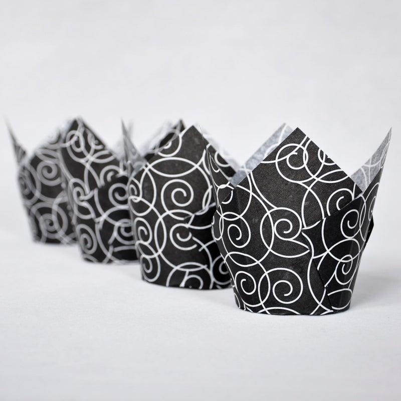 QLSmypkg Muffin Greaseproof paper Baking cupcake cups, 2"(Bottom diameter) x 3-1/2"(Height) Black Fancy Floral Print Tulip Baking Cup Case of 125 pcs (125, Standard) - Image 4
