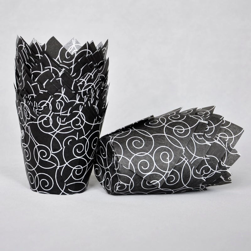 QLSmypkg Muffin Greaseproof paper Baking cupcake cups, 2"(Bottom diameter) x 3-1/2"(Height) Black Fancy Floral Print Tulip Baking Cup Case of 125 pcs (125, Standard) - Image 3