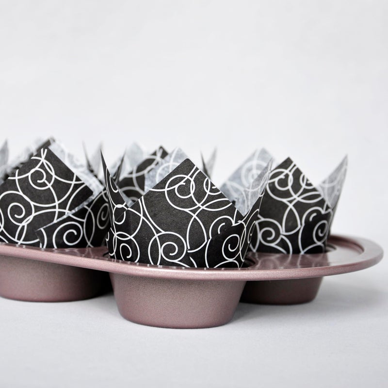 QLSmypkg Muffin Greaseproof paper Baking cupcake cups, 2"(Bottom diameter) x 3-1/2"(Height) Black Fancy Floral Print Tulip Baking Cup Case of 125 pcs (125, Standard) - Image 5