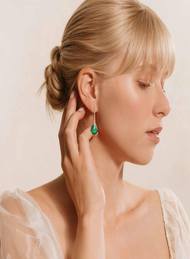 EVEVIC Dainty Austrian Crystal Baroque Drop Dangle Earrings for Women 14K Gold Plated Hook Earring Hypoallergenic Jewelry Gifts for Women (Emerald) - Image 2