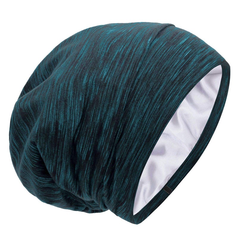 Silk Satin Lined Bonnet Sleep Cap Adjustable Stay on All Night Hair Wrap Cover Slouchy Beanie for Curly Hair Protection for Women and Men Heather Lake Blue