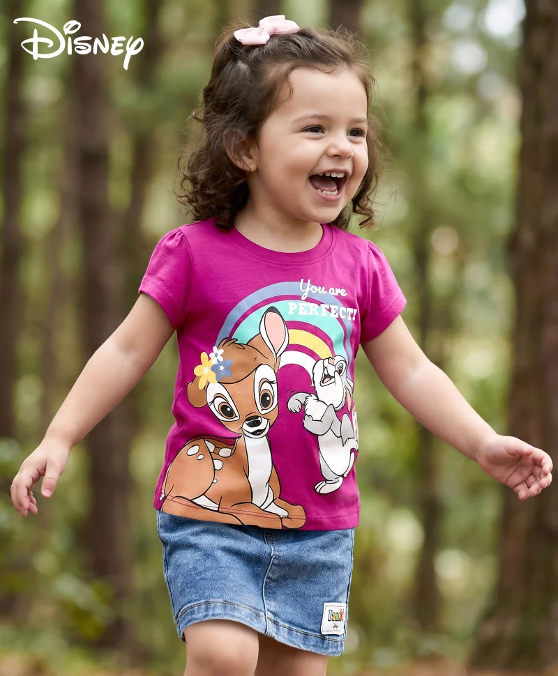 Babyhug Disney Babyhug Disney Single Jersey Knit Half Sleeves T-Shirt & Denim Skirt with Bambi Graphic & Badge Detailing - Purple & Blue