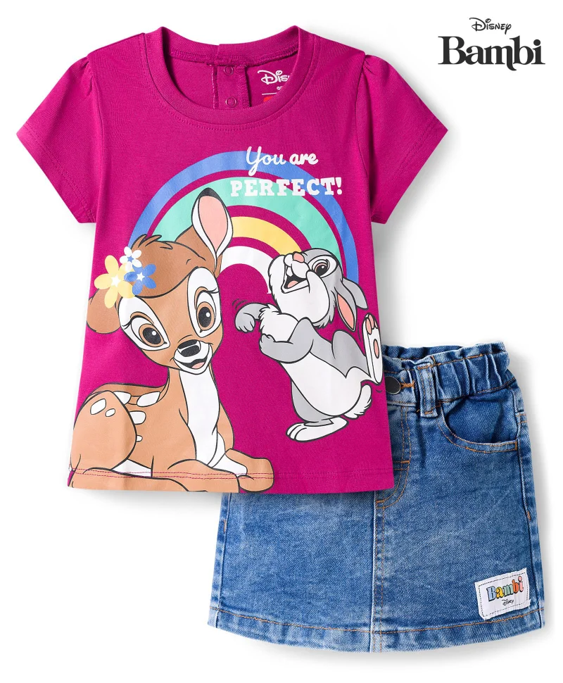 Babyhug Disney Babyhug Disney Single Jersey Knit Half Sleeves T-Shirt & Denim Skirt with Bambi Graphic & Badge Detailing - Purple & Blue