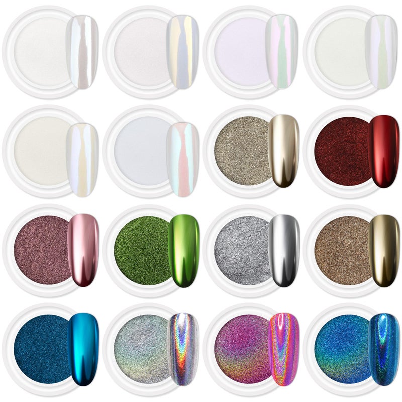 Artdone 16Jars Chrome Nail Powder Magic White Pearl Kit Mirror Effect Silver Metallic Holographic Dip Nail Powder For Resin Craft  Nail Art Fimo Decoration Iridescent Aurora Mermaid Pigment