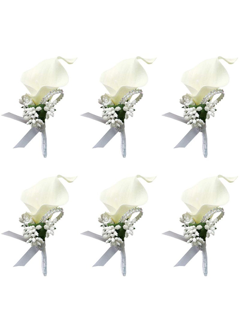 ChezMax ChezMax Calla Lily White Boutonniere Handmade Silk Flower with Ribbon Corsage for Bride Groom Wedding Party 6 Packs 