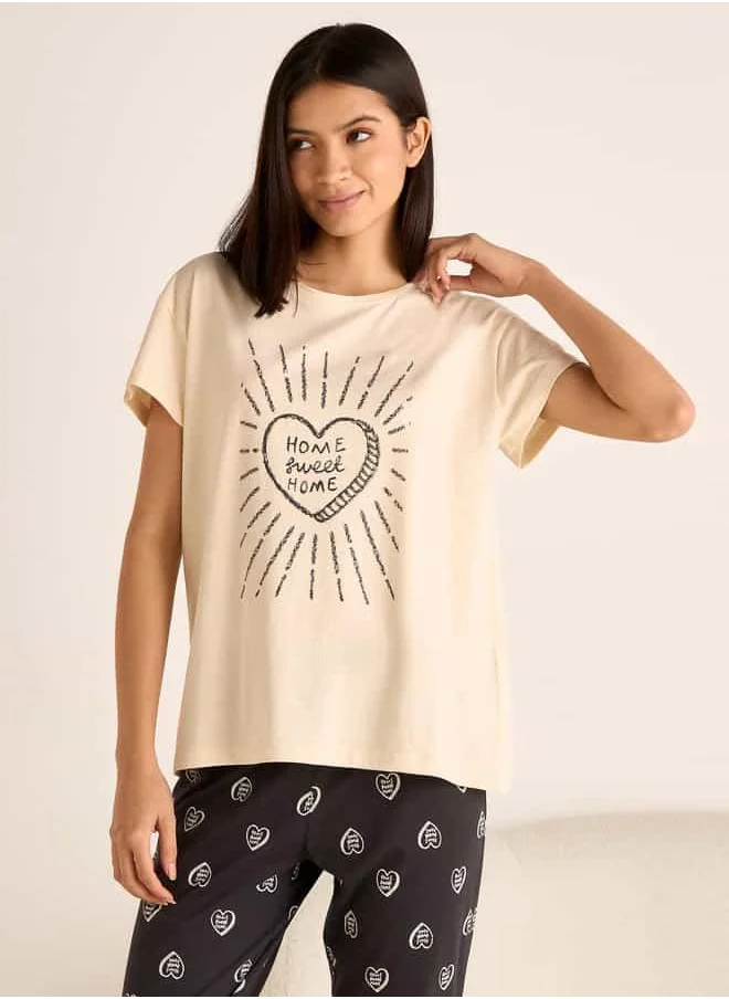 FAV Slogan Print Short Sleeves T-shirt and Pyjama Set
