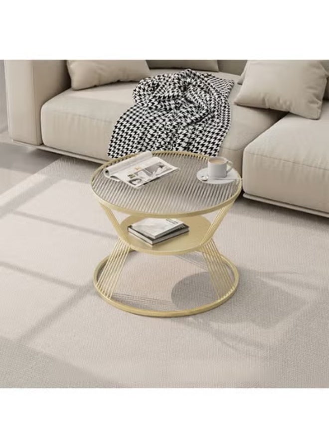 Nordic Light Luxury Style Round Coffee Table, Double-Layer Open Storage Cabinet, Glass Top Metal Frame, Bedroom and Living Room Coffee Table, Tea Table, End Table, Sofa Side Table, Diameter 60cm.（Golden） - Image 1