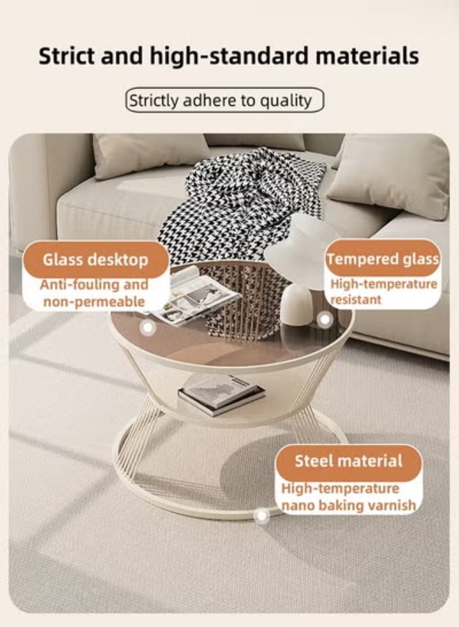 Nordic Light Luxury Style Round Coffee Table, Double-Layer Open Storage Cabinet, Glass Top Metal Frame, Bedroom and Living Room Coffee Table, Tea Table, End Table, Sofa Side Table, Diameter 60cm.（Golden） - Image 4
