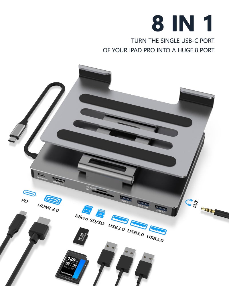 BKELHS iPad Pro USB C Hub Stand, Adapter for iPad Pro M5 M3 M4 13 12.9 11 Inch iPad Air Docking Station 4K 60Hz HDMI, PD, SD/TF Card Reader, 3 USB 3.0, 3.5mm Audio, iPad Accessories Samsung Tablet Dock - Image 1