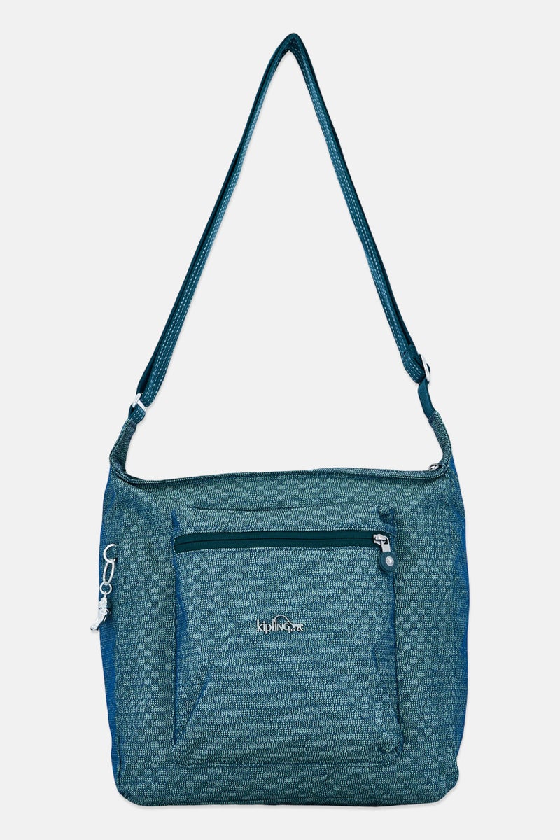 kipling حقيبة كتف نسائية بشعار العلامة التجارية مع حلقة مفاتيح، خضراء - Image 1