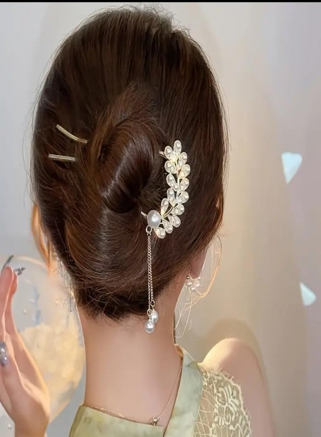 EPARTY مشبك شعر من اللؤلؤ الكريستالي مع سلسلة متدلية، تصميم زهري أنيق، إكسسوار شعر للزفاف - Image 1