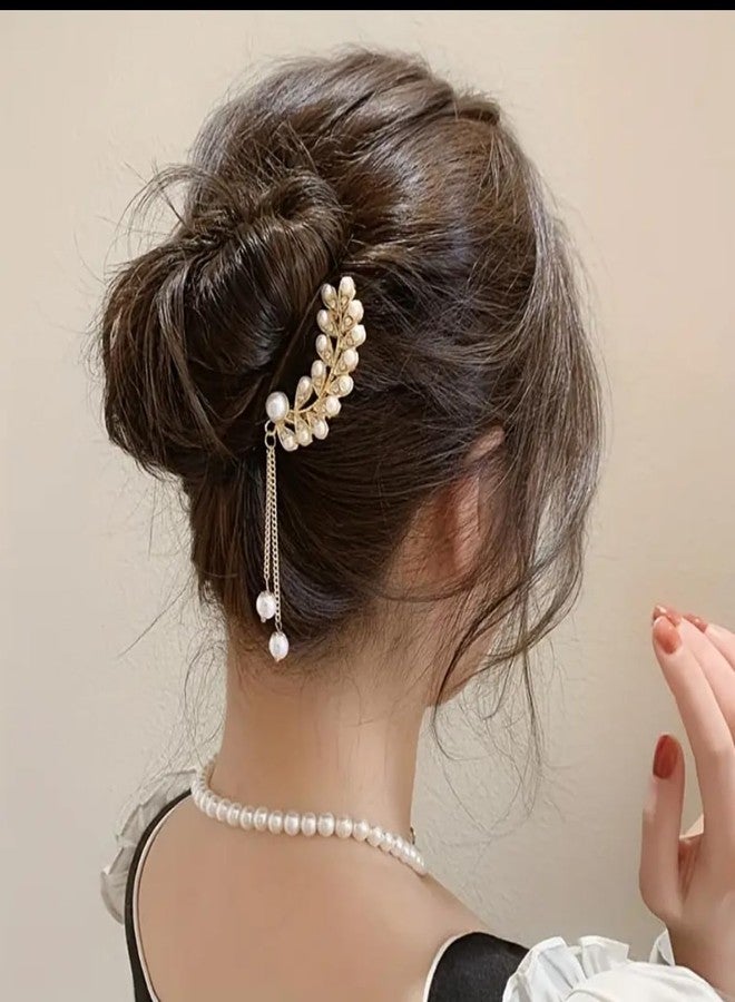 EPARTY مشبك شعر من اللؤلؤ الكريستالي مع سلسلة متدلية، تصميم زهري أنيق، إكسسوار شعر للزفاف - Image 3