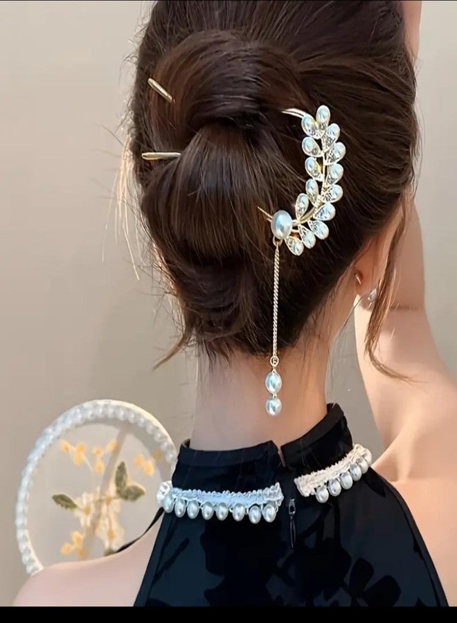 EPARTY مشبك شعر من اللؤلؤ الكريستالي مع سلسلة متدلية، تصميم زهري أنيق، إكسسوار شعر للزفاف - Image 2