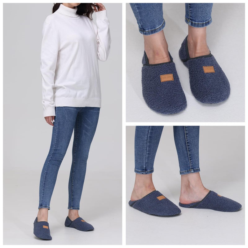 ANLUKE Slipper for Women Men Slipper Socks Fuzzy House Shoes Rubber Sole Slip On Soft-Lightweight Non Slip Indoor/Outdoor Blue Grey - Image 2