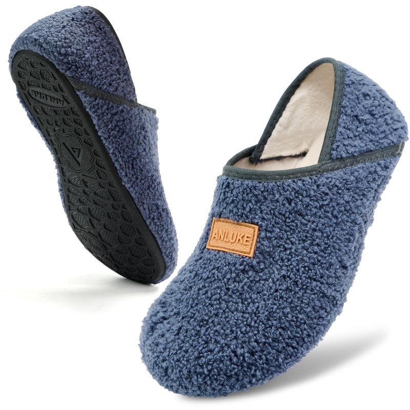 ANLUKE Slipper for Women Men Slipper Socks Fuzzy House Shoes Rubber Sole Slip On Soft-Lightweight Non Slip Indoor/Outdoor Blue Grey - Image 1
