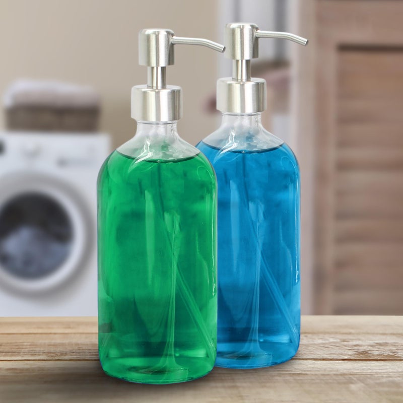 Cornucopia Brands 16-Ounce Clear Glass Bottles w/Stainless Steel Pumps (2 Pack), Soap Dispenser Great for Essential Oils, Lotions, Liquid Soaps - Image 2