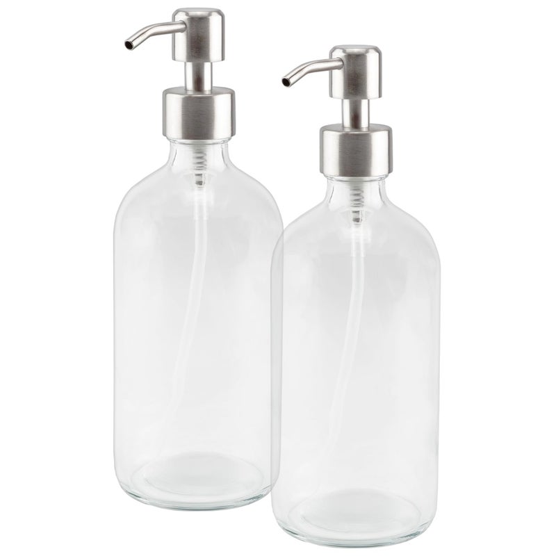 Cornucopia Brands 16-Ounce Clear Glass Bottles w/Stainless Steel Pumps (2 Pack), Soap Dispenser Great for Essential Oils, Lotions, Liquid Soaps - Image 1