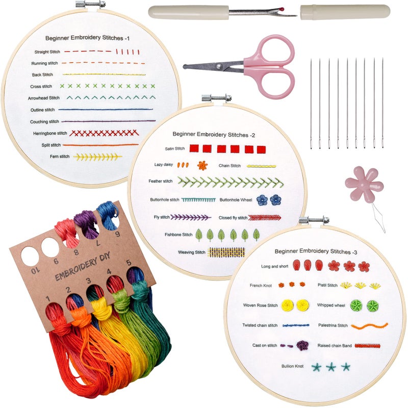 Bonroy Beginners Embroidery Practice kit 3 Sets to Learn 30 Different Stitches for Craft Lover Hand Stitch with Embroidery Fabric with Skill Techniques - Image 1