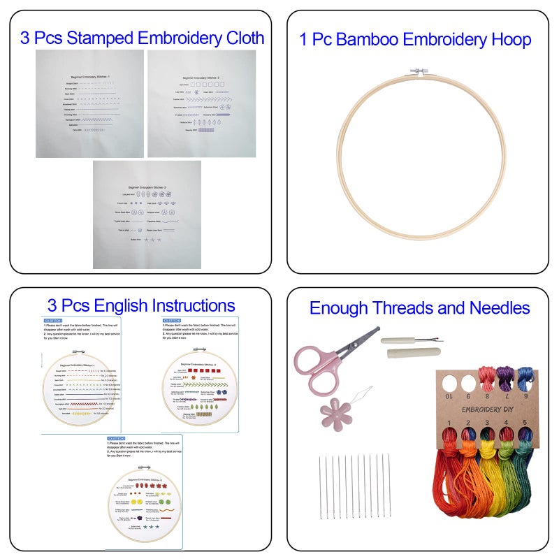 Bonroy Beginners Embroidery Practice kit 3 Sets to Learn 30 Different Stitches for Craft Lover Hand Stitch with Embroidery Fabric with Skill Techniques - Image 2