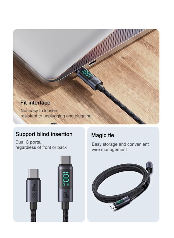 Yesido - Yesido CA158 PD100W USB-C / Type-C to USB-C / Type-C Digital Display Charging Data Cable, Cable Length: 1.2m (Black) - Image 1