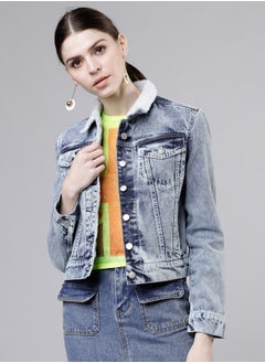 Solid Cropped Fluffy Collar Denim Jacket by Styli