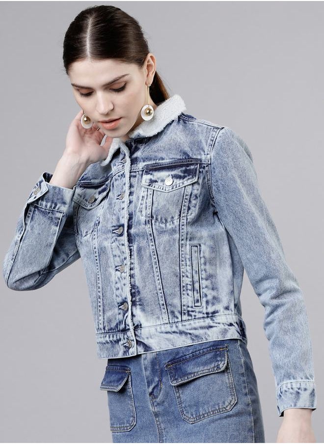Tokyo Talkies - Solid Cropped Fluffy Collar Denim Jacket by Styli - Image 1