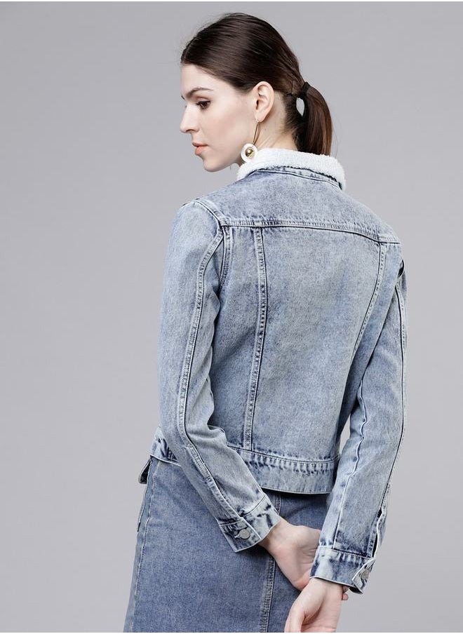 Tokyo Talkies - Solid Cropped Fluffy Collar Denim Jacket by Styli - Image 1