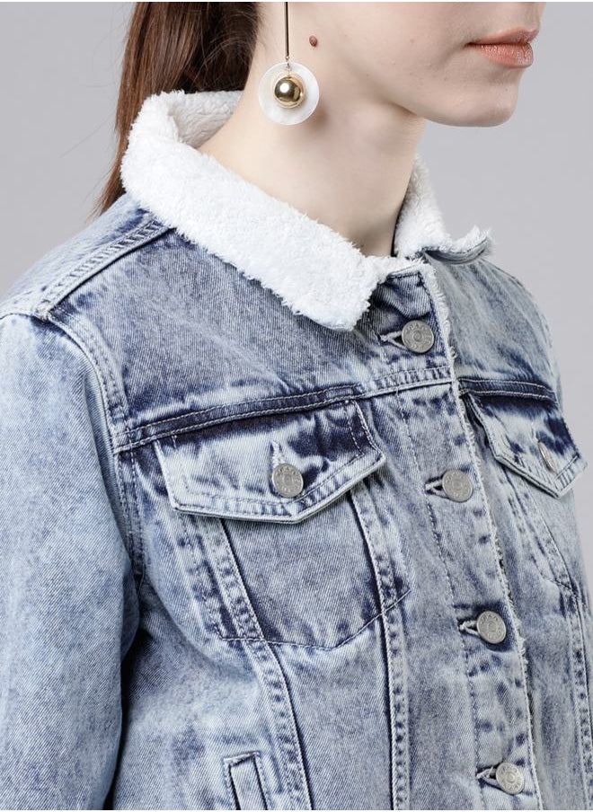 Tokyo Talkies - Solid Cropped Fluffy Collar Denim Jacket by Styli - Image 1