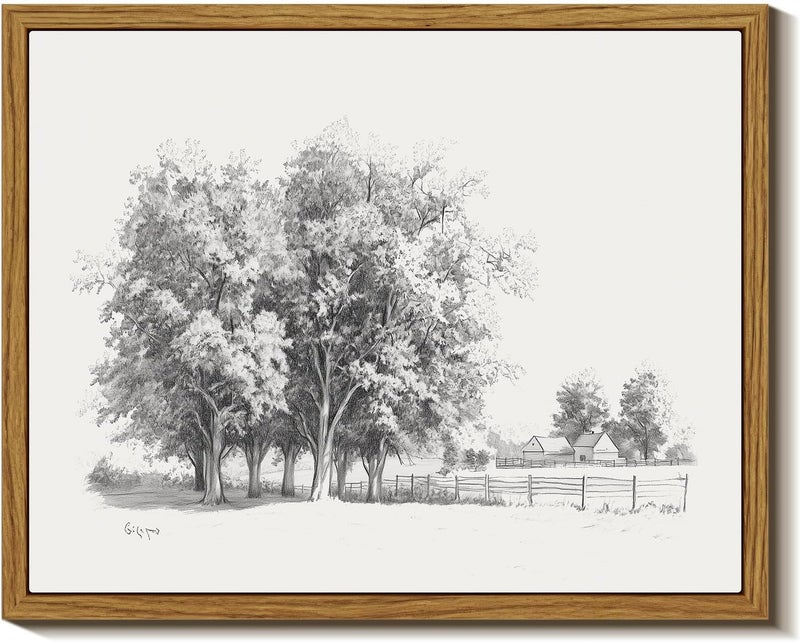 EMODA Framed Wall Art for Living Room Vintage Tree Canvas Art Black and White Sketch Botanical Wall Decor Bedroom Artwork Farmhouse Painting Pictures Countryside Prints Rustic Gallery Office  20 X30 Cm - Image 1