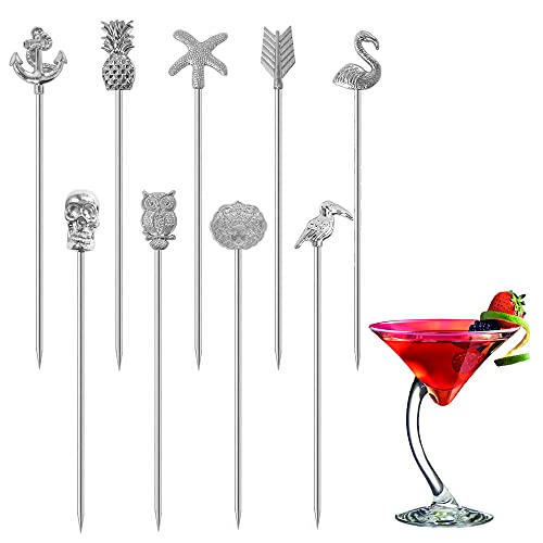 DEEKOUDT Martini Cocktail Picks Reusable Olive Picks Garnish Skewer Fruit Toothpicks Set of 9 (Silver) - Image 1