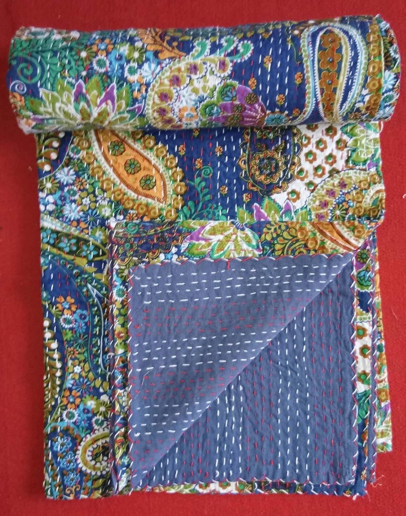 Textile art إبداعات الفن النسيجي إبداعات تقليدية عرقية قنطة هندية أغطية سرير قطنية زمرّديّة فواكه استوائية مخيطة يدويًا غطاء سرير بواسطة إبداعات الفن النسيجي إبداعات 90x108 بوصة - Image 3