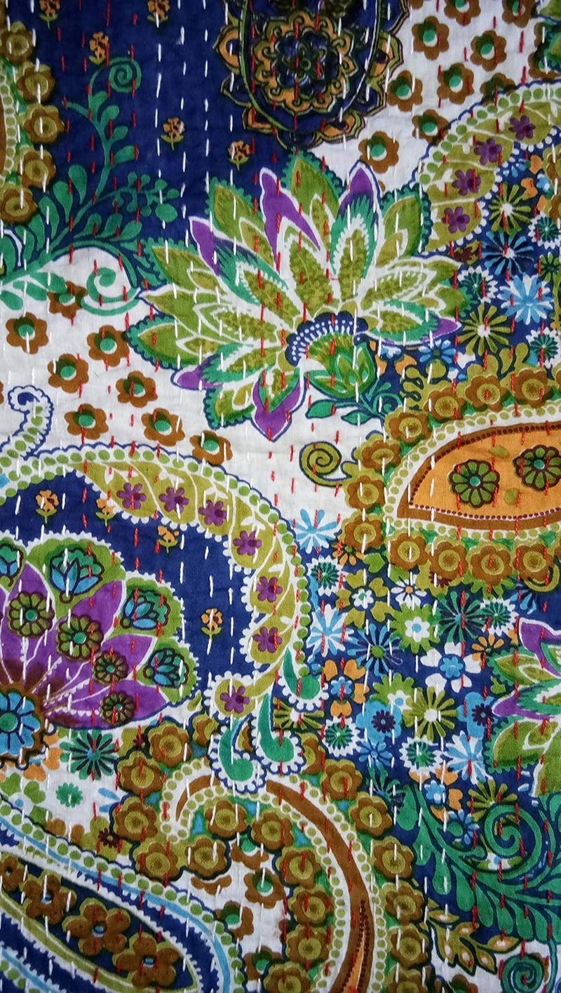 Textile art إبداعات الفن النسيجي إبداعات تقليدية عرقية قنطة هندية أغطية سرير قطنية زمرّديّة فواكه استوائية مخيطة يدويًا غطاء سرير بواسطة إبداعات الفن النسيجي إبداعات 90x108 بوصة - Image 2