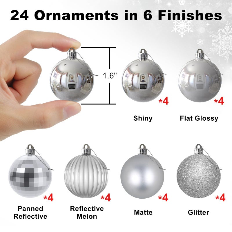 GameXcel Silver 1.6"" Small Christmas Balls Christmas Tree Decoration Ornaments Shatterproof Hanging Balls for Birthday Halloween Holiday Wedding Decorations Set of 24pcs - Image 2