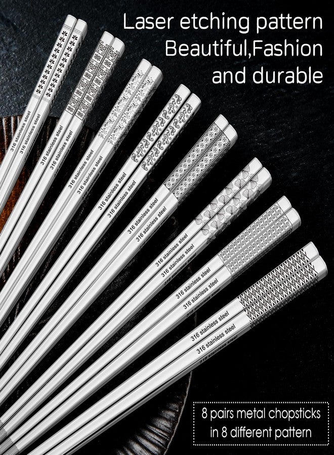 NEWDRIP 8 Pairs Metal Chopsticks Reusable 18/10 Stainless Steel Chopsticks Set Cute Laser Engraved Non-Slip Japanese Korean Chinese Chopstick for Cooking Eating Dishwasher Safe 9.25" Chop Sticks Gift Set - Image 2