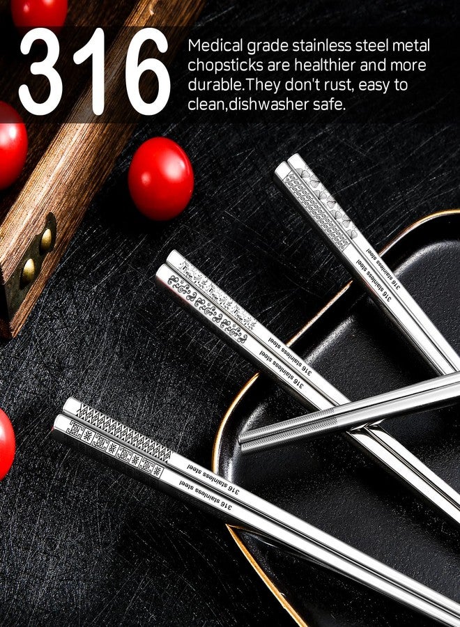 NEWDRIP 8 Pairs Metal Chopsticks Reusable 18/10 Stainless Steel Chopsticks Set Cute Laser Engraved Non-Slip Japanese Korean Chinese Chopstick for Cooking Eating Dishwasher Safe 9.25" Chop Sticks Gift Set - Image 4