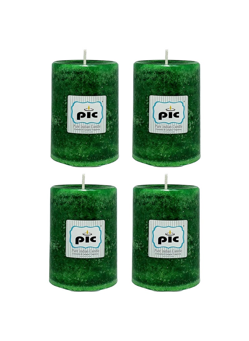 PIC Pure Indian Candle Handmade Citronella and Camphor Fragrance Decorative Green Pillar Candle (Pack of 4 Pcs.)  - Image 1