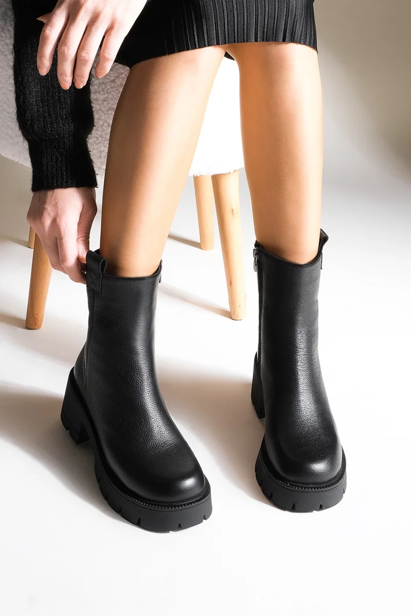 مارجين Women's Leather Casual Boots Thick Skid Sole Fesko