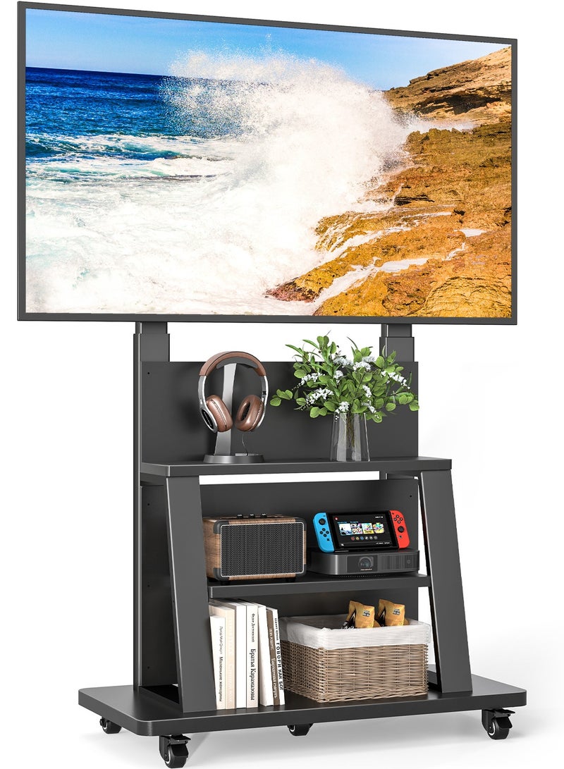 Rfiver Mobile TV Stand for 40–86 Inch TVs, Heavy-Duty Rolling TV Cart with 3-Tier Media Shelves, Height Adjustable TV Floor Stand, Lockable Wheels, VESA Up to 800x400 mm, 90 kg Capacity, Black | MT6003 - Image 1