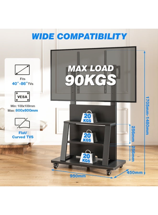 Rfiver Mobile TV Stand for 40–86 Inch TVs, Heavy-Duty Rolling TV Cart with 3-Tier Media Shelves, Height Adjustable TV Floor Stand, Lockable Wheels, VESA Up to 800x400 mm, 90 kg Capacity, Black | MT6003 - Image 2