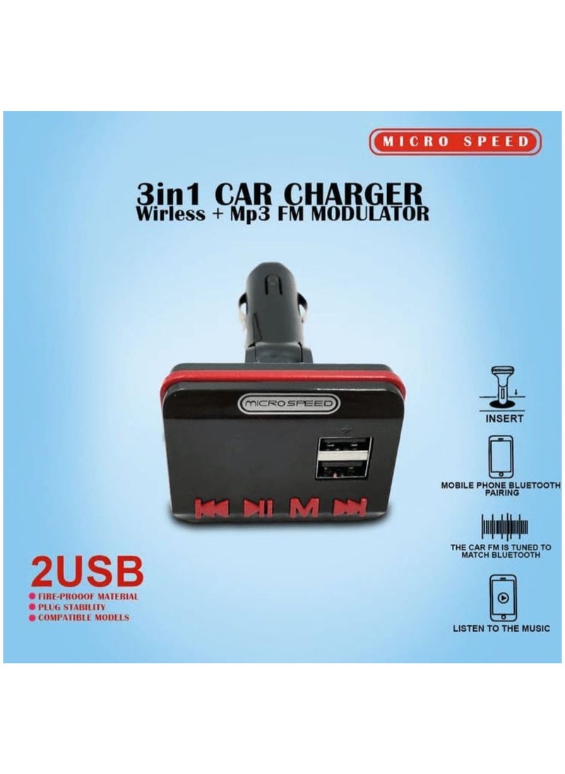 micro speed - 3 In 1 Car Charger Bluetooth Wireless + Mp3 FM Modulator 2 USB Ports With Remote Controller Black - Image 1