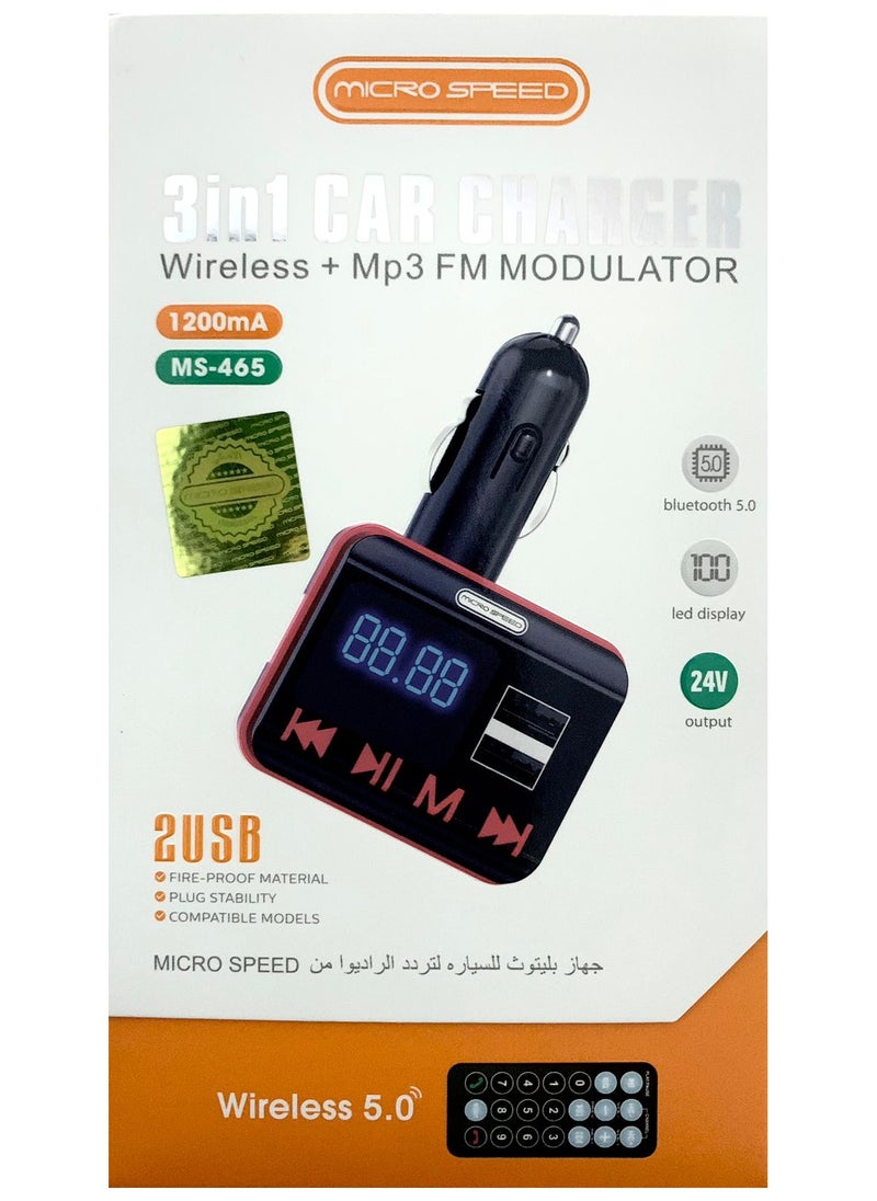 micro speed - 3 In 1 Car Charger Bluetooth Wireless + Mp3 FM Modulator 2 USB Ports With Remote Controller Black - Image 1