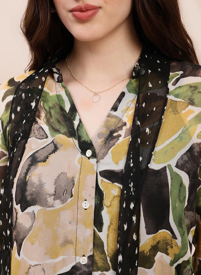 Globus Women's Olive Casual Shirt with Tie-Up Spread Collar and Abstract Print - Image 5