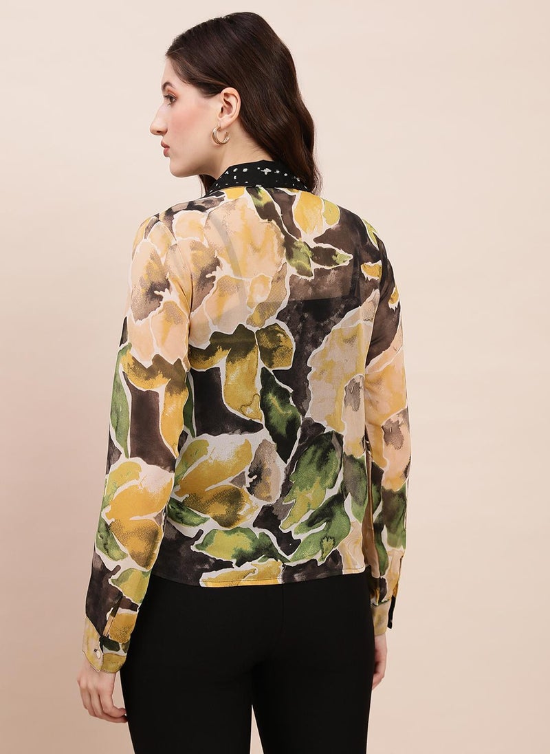 Globus Women's Olive Casual Shirt with Tie-Up Spread Collar and Abstract Print - Image 4