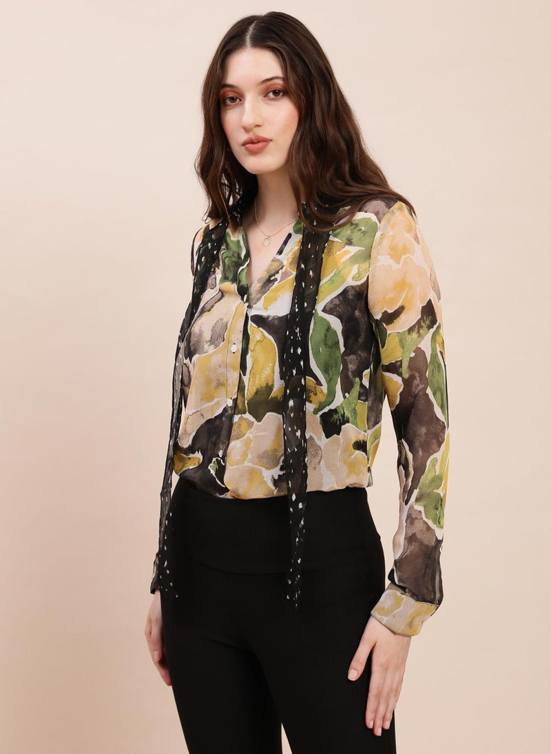 Globus Women's Olive Casual Shirt with Tie-Up Spread Collar and Abstract Print - Image 1