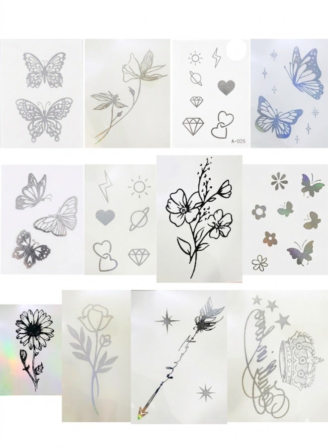 12PCS Semi Permanent Temporary Tattoo Sheets with Holographic Metallic Designs – Waterproof Long Lasting Body Tattoo Stickers Up to 15 Days – Butterfly Flower Star Heart Fake Tattoos for Women Girls Arms Hands Body Art - Image 1