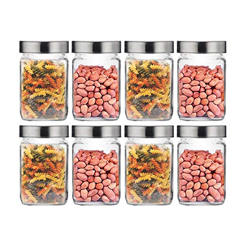 CROCO JAR CROCO Silver Steel Lid Square Glass Storage Jars Set | Transparent Clear Cube Containers 800 ML Each | Kitchen Food Storage for Spices, Dry Fruits & Snacks (Set of 8) - Image 1